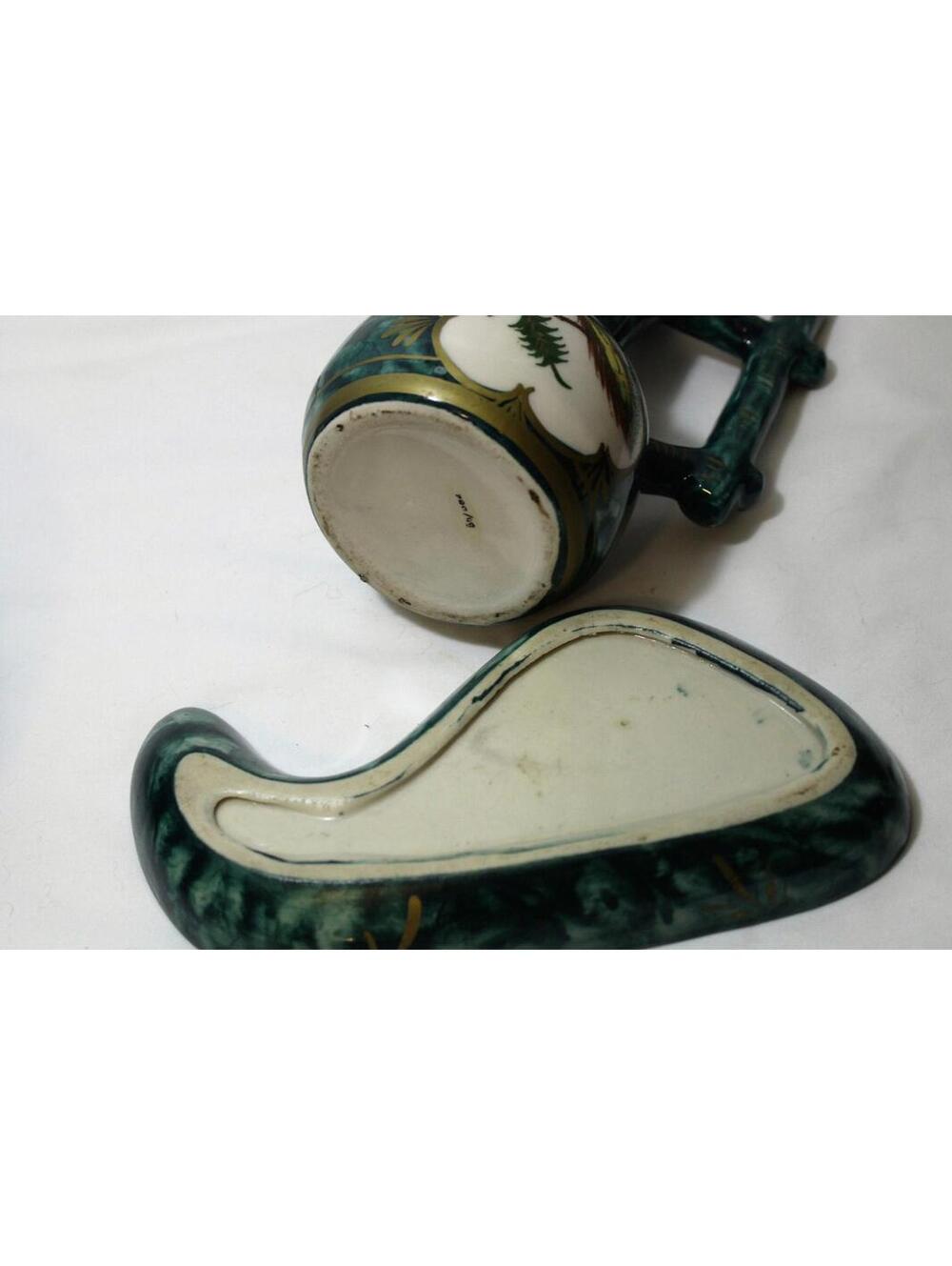 Majolica Peacock Ewer Vase and Trinket Dish with Hand Painted Peacock - Picture 5 of 5